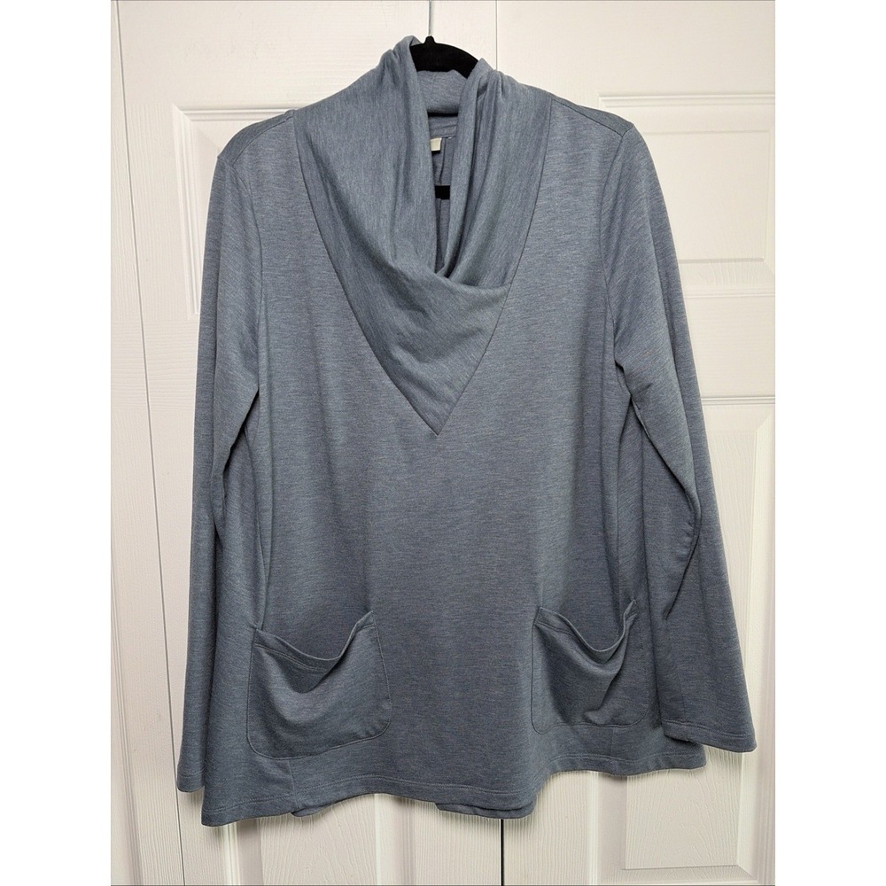 LOGO Lounge Cowl Neck Tunic Size Large Blue‎ Pockets French Terry Lori Goldstein